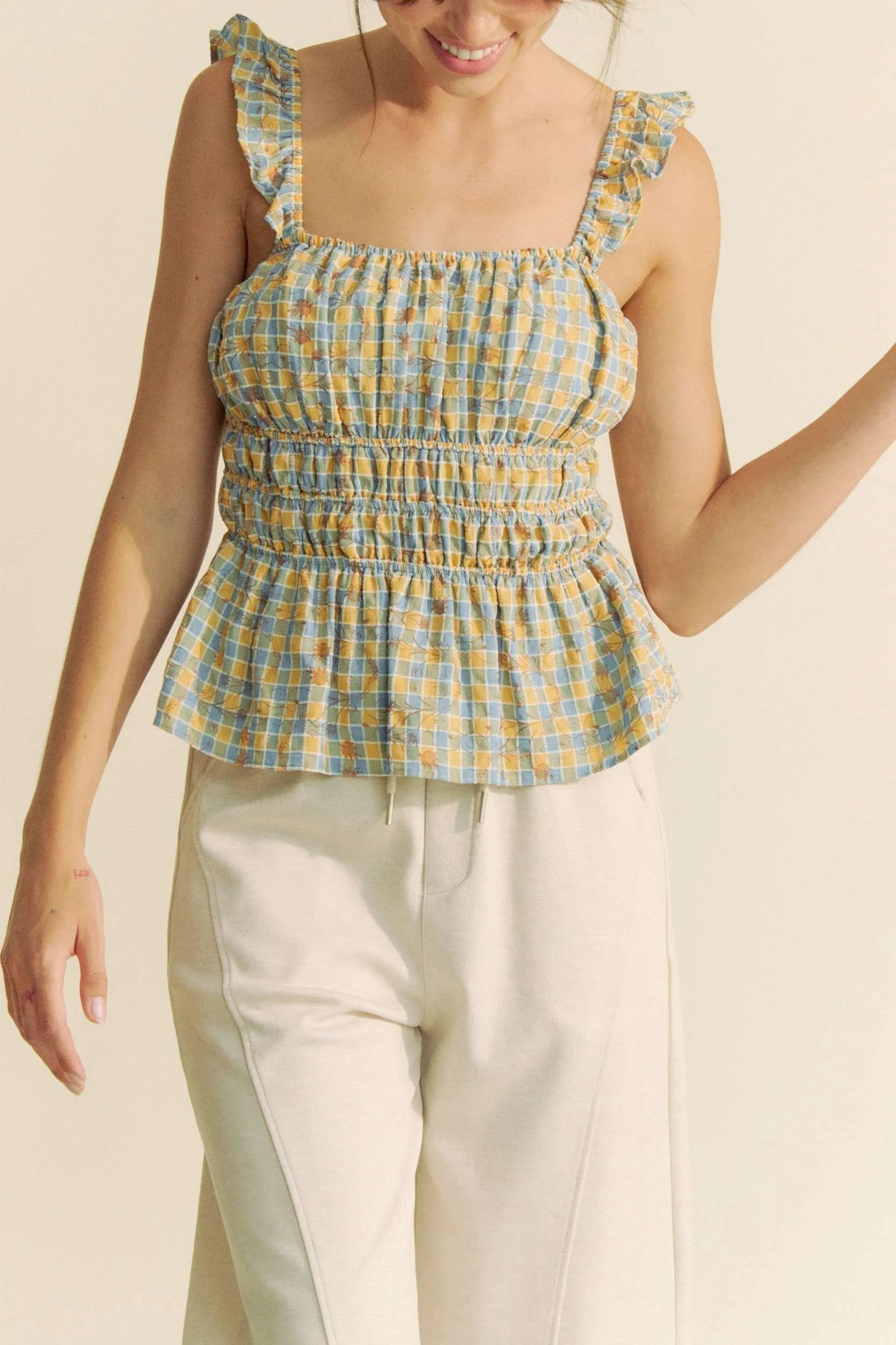 Davi & Dani - Smocked Ruffle Strap Peplum Top – Blue & Yellow Check