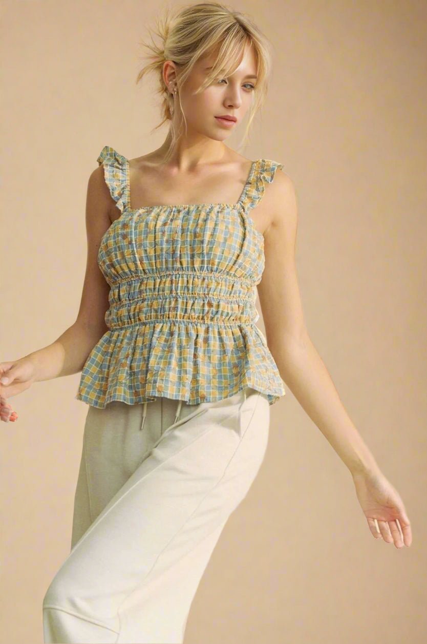 Davi & Dani - Smocked Ruffle Strap Peplum Top – Blue & Yellow Check