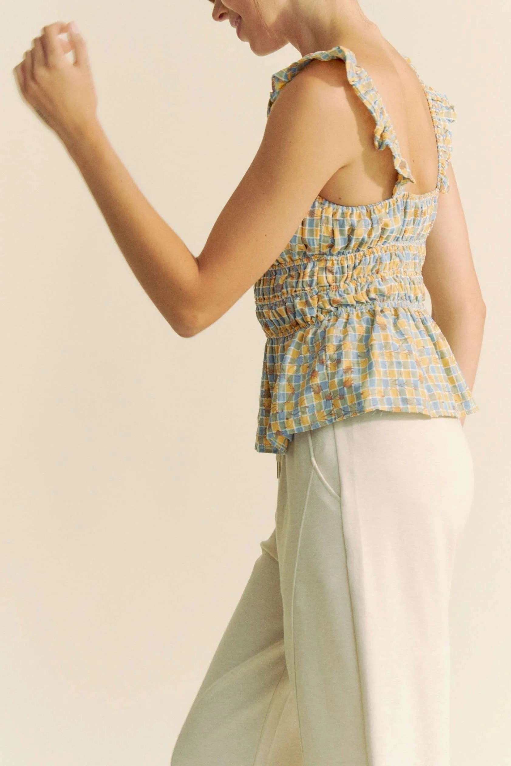 Davi & Dani - Smocked Ruffle Strap Peplum Top – Blue & Yellow Check