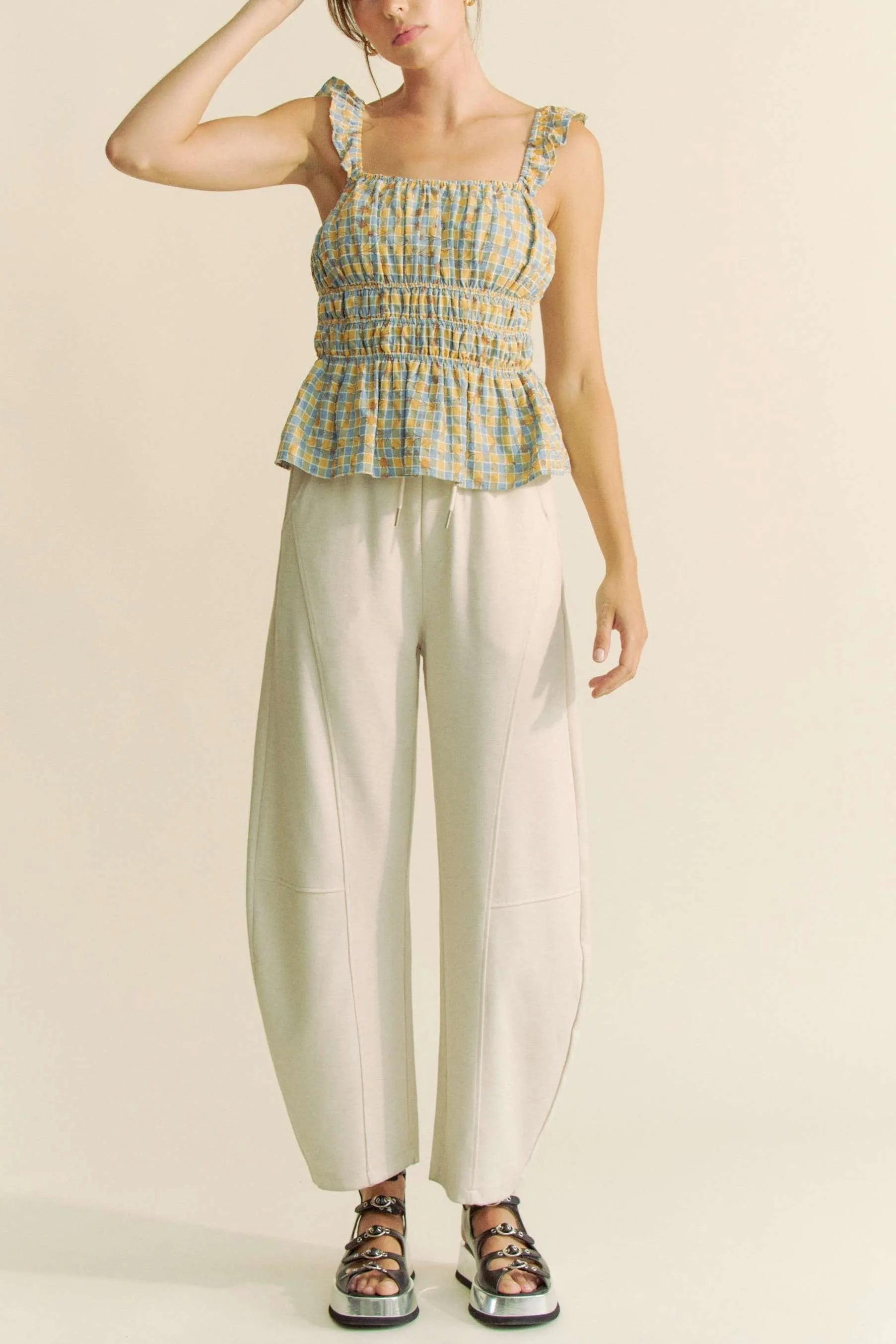 Davi & Dani - Smocked Ruffle Strap Peplum Top – Blue & Yellow Check