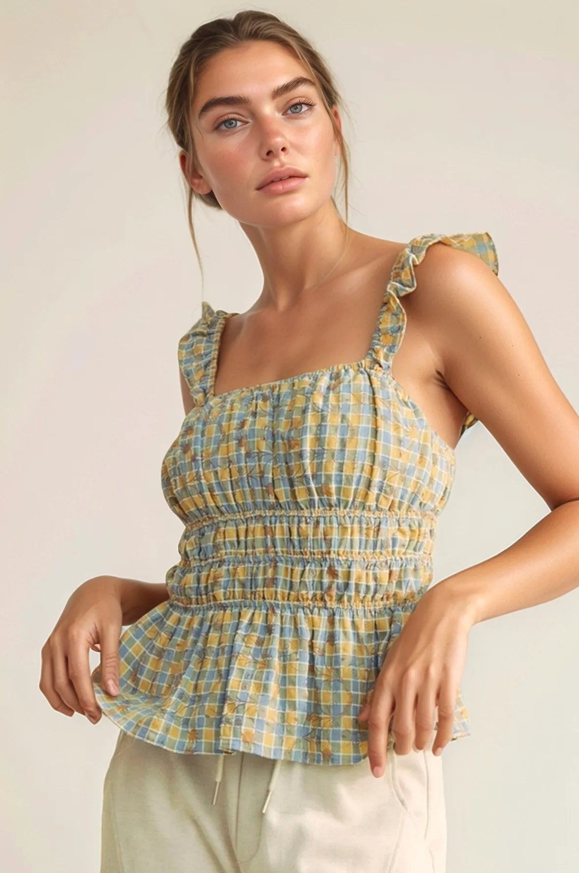 Davi & Dani - Smocked Ruffle Strap Peplum Top – Blue & Yellow Check