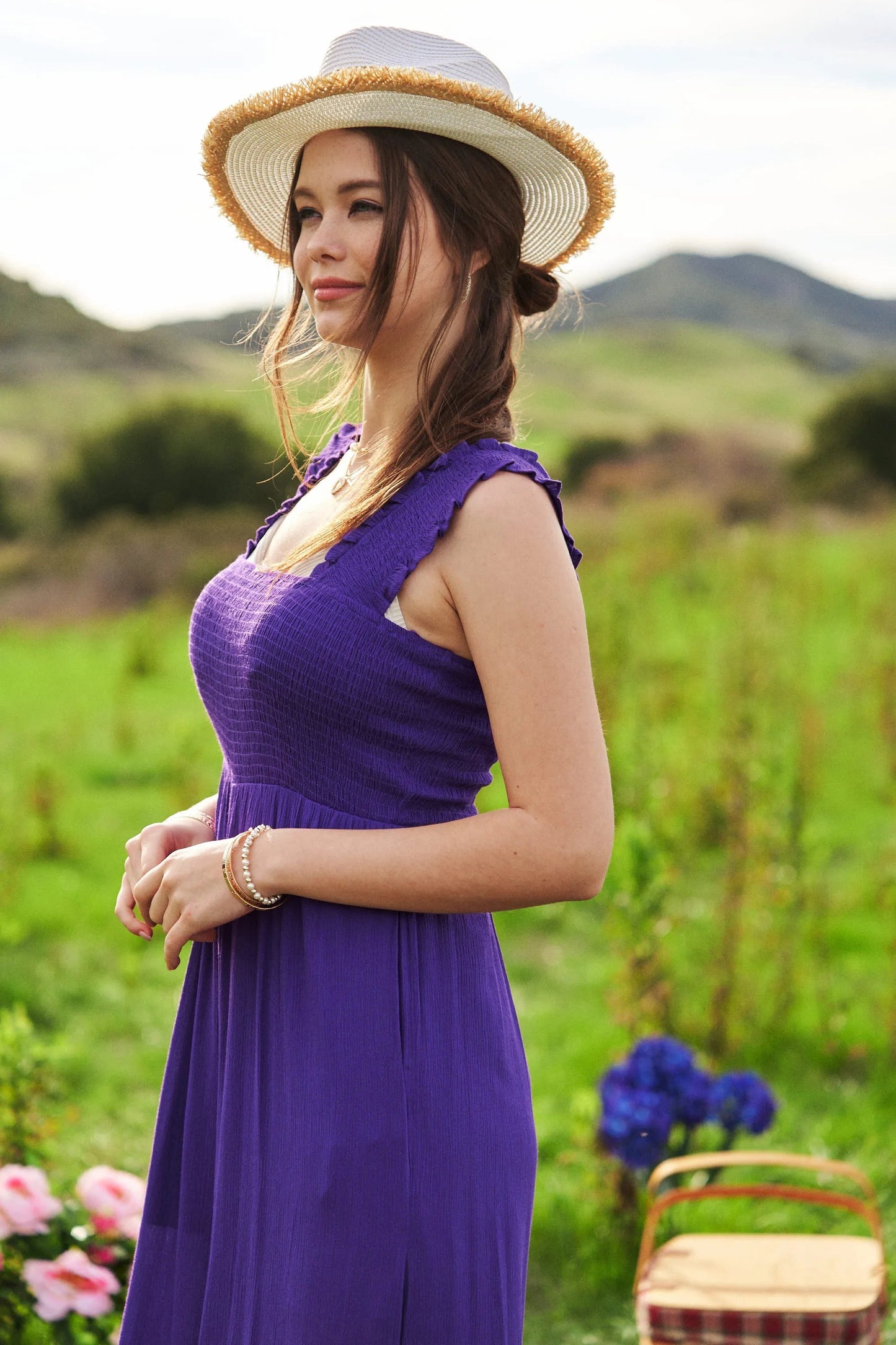 Davi & Dani - Smocked Ruffle Strap Wide Leg Jumpsuit – Purple