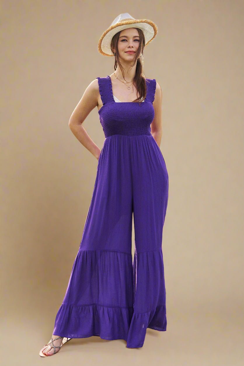 Davi & Dani - Smocked Ruffle Strap Wide Leg Jumpsuit – Purple
