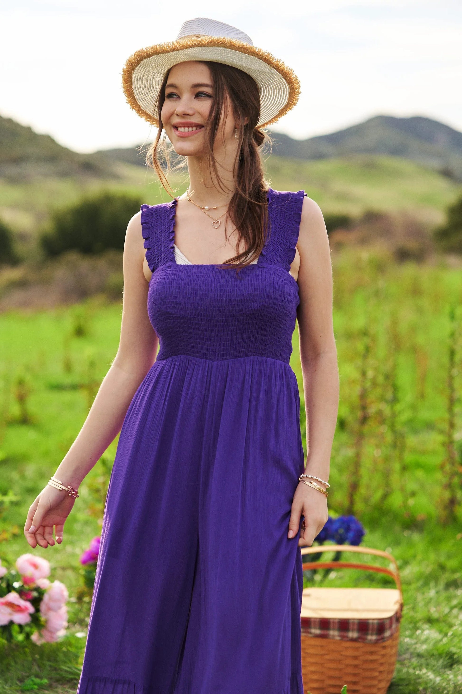 Davi & Dani - Smocked Ruffle Strap Wide Leg Jumpsuit – Purple