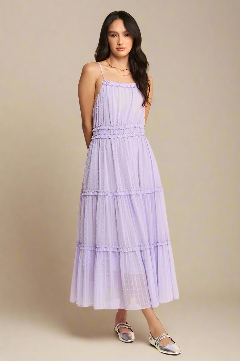 Davi & Dani - Smocked Swiss Dot Tulle Midi Dress in Lavender