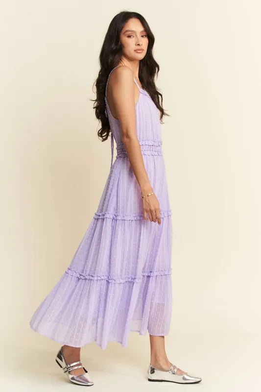 Davi & Dani - Smocked Swiss Dot Tulle Midi Dress in Lavender