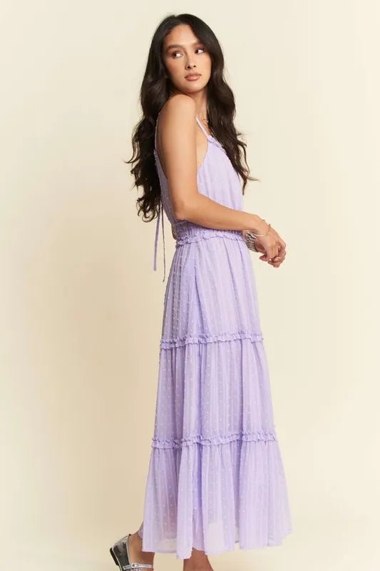 Davi & Dani - Smocked Swiss Dot Tulle Midi Dress in Lavender