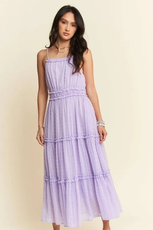 Davi & Dani - Smocked Swiss Dot Tulle Midi Dress in Lavender