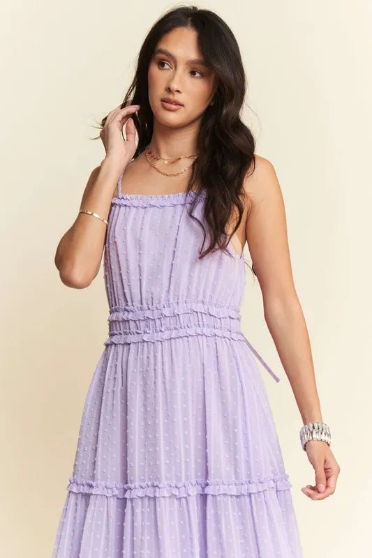 Davi & Dani - Smocked Swiss Dot Tulle Midi Dress in Lavender
