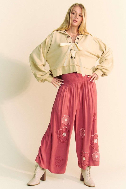 Davi & Dani - Smocked Waist Flower Patch Wide Leg Pants in Strawberry