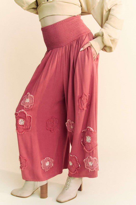 Davi & Dani - Smocked Waist Flower Patch Wide Leg Pants in Strawberry