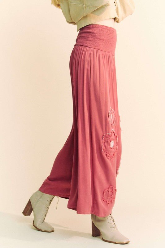 Davi & Dani - Smocked Waist Flower Patch Wide Leg Pants in Strawberry