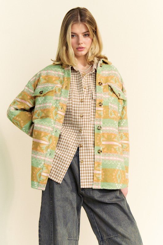 Davi & Dani - Soft Green High - Low Aztec Print Shacket