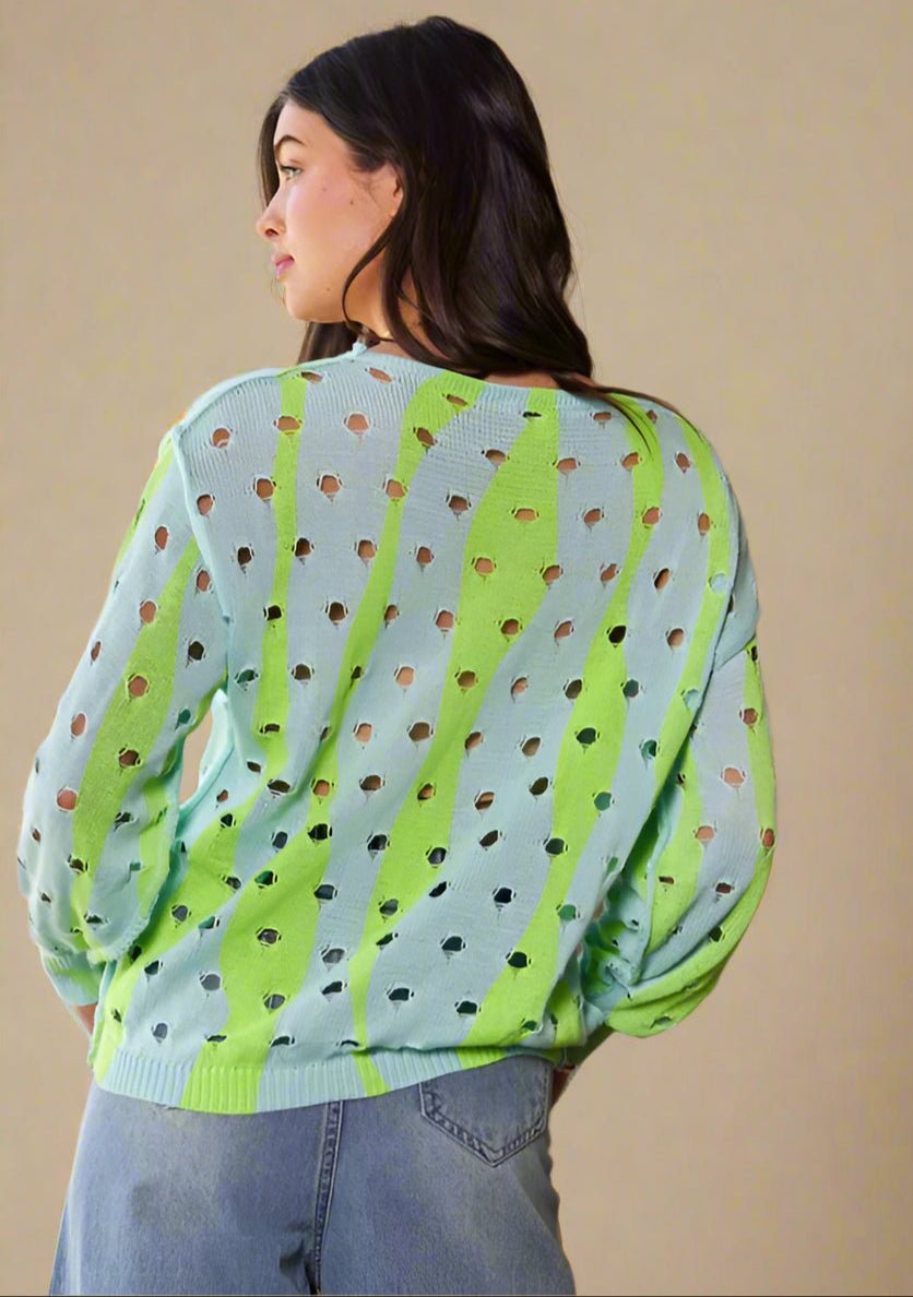 Davi & Dani - Soft Green Two - Tone Openwork Knit Top