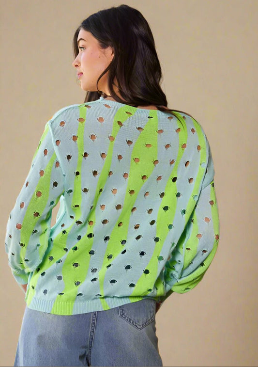 Davi & Dani - Soft Green Two - Tone Openwork Knit Top