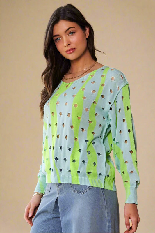 Davi & Dani - Soft Green Two - Tone Openwork Knit Top