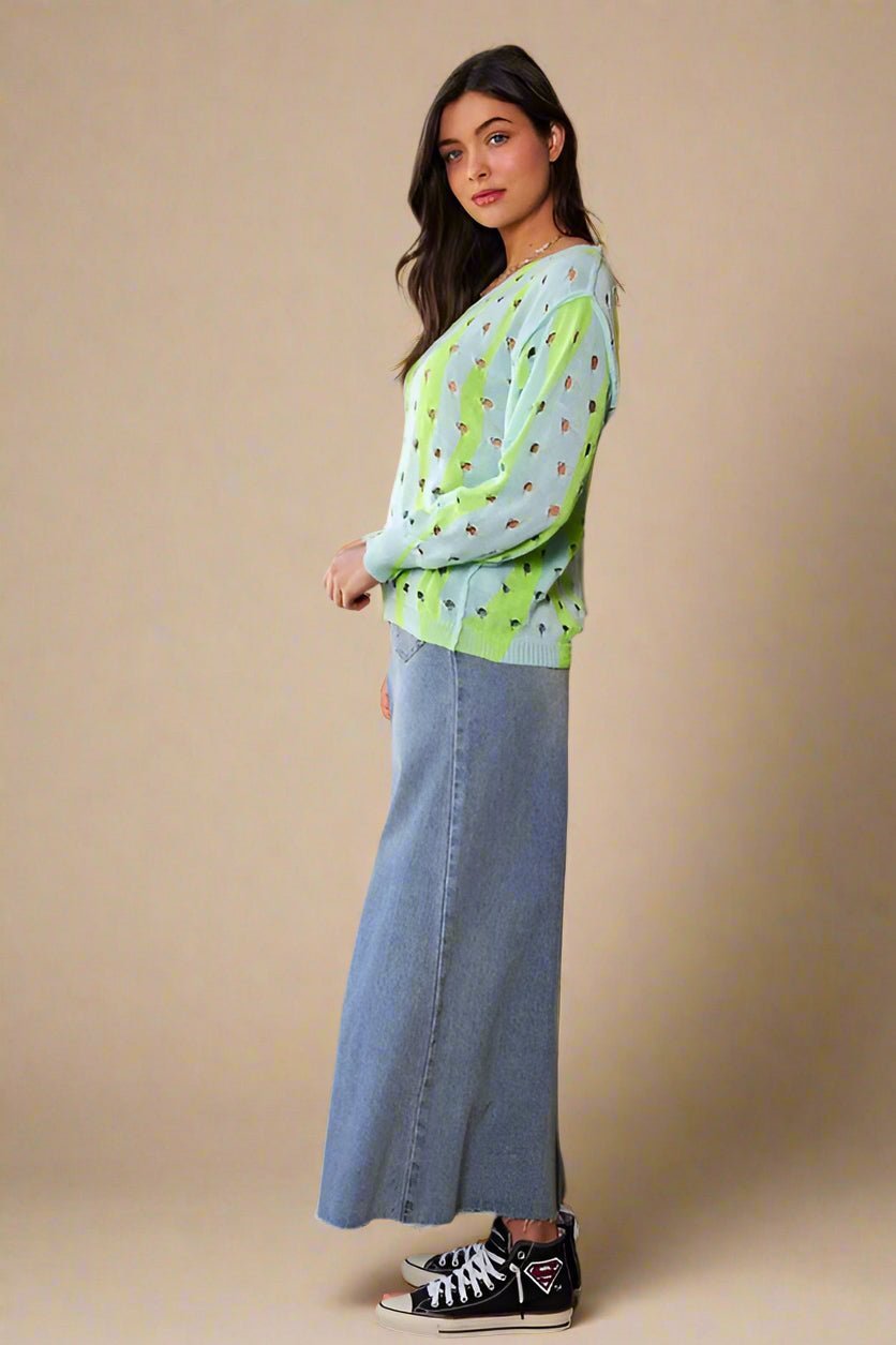 Davi & Dani - Soft Green Two - Tone Openwork Knit Top