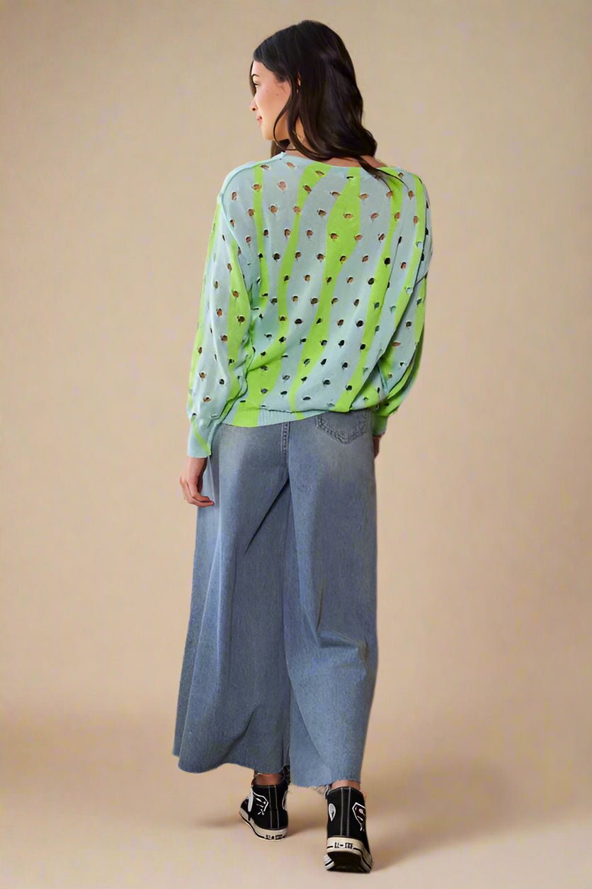 Davi & Dani - Soft Green Two - Tone Openwork Knit Top