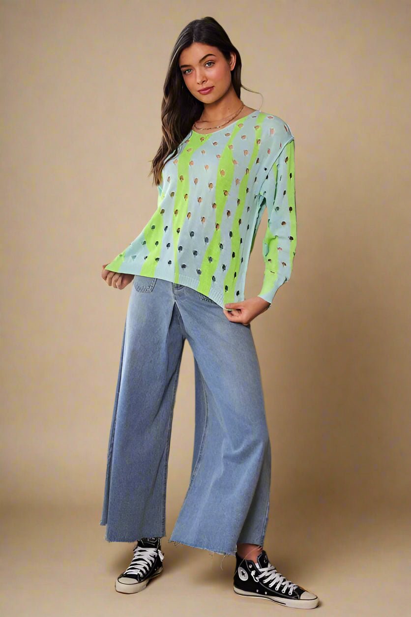 Davi & Dani - Soft Green Two - Tone Openwork Knit Top