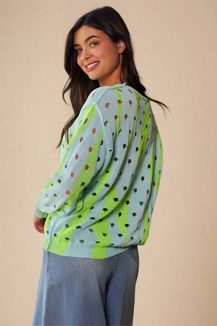 Davi & Dani - Soft Green Two - Tone Openwork Knit Top