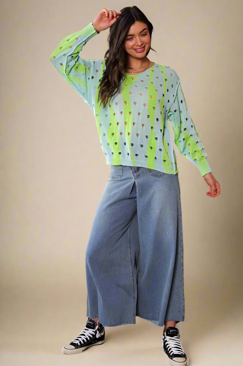 Davi & Dani - Soft Green Two - Tone Openwork Knit Top