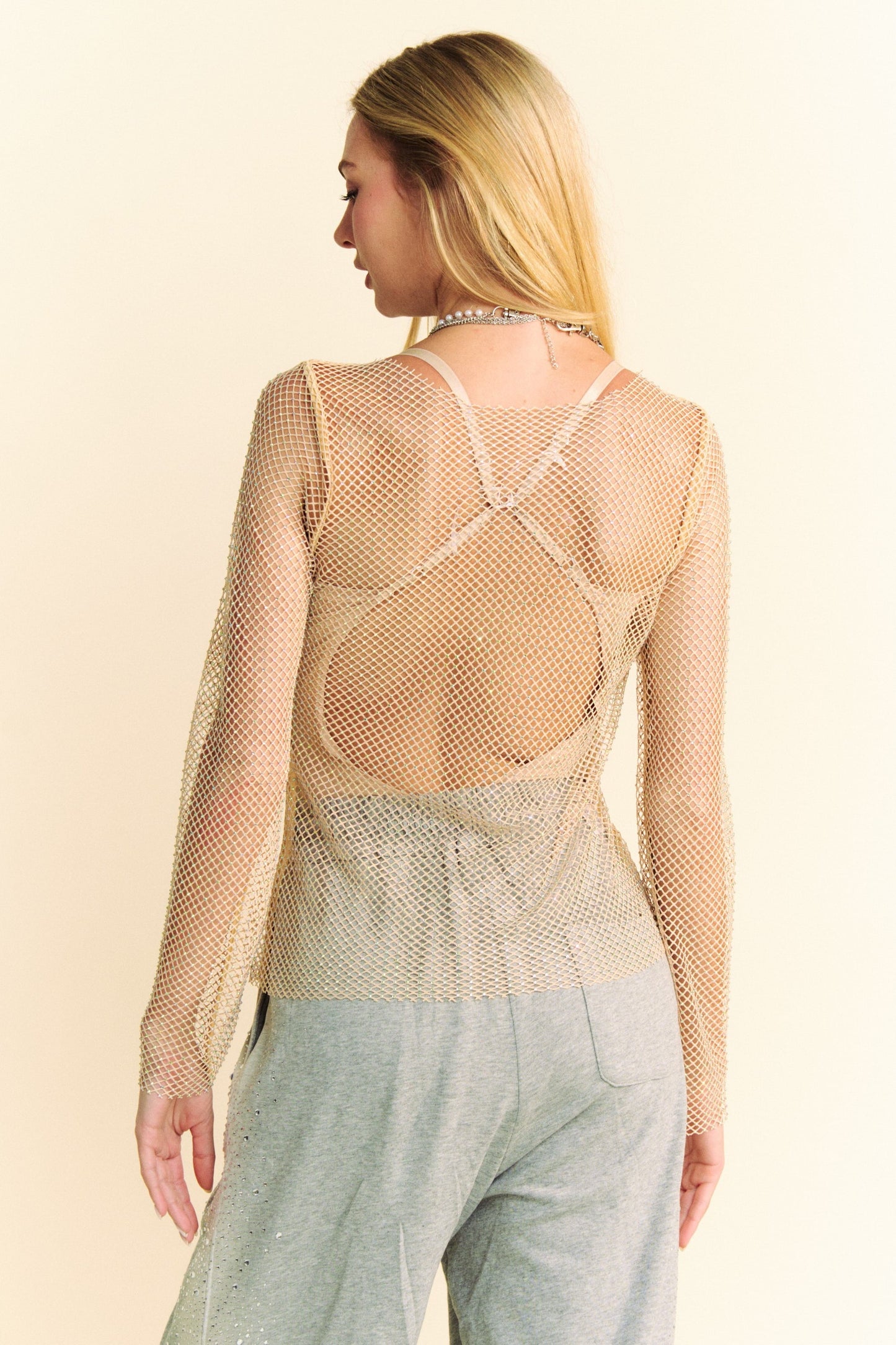 Davi & Dani - Sparkling Rhinestone Long Sleeve Mesh Top in Champagne