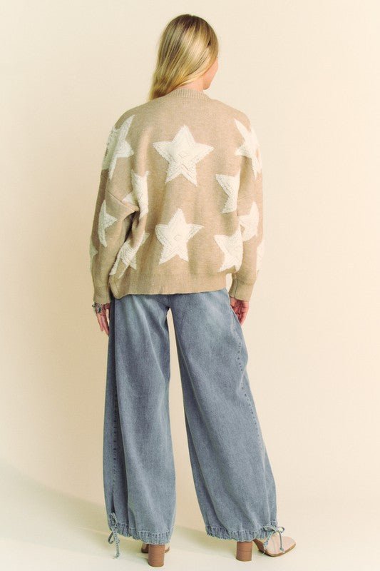 Davi & Dani - Star Pattern Button Down Fuzzy Cardigan in Oatmeal