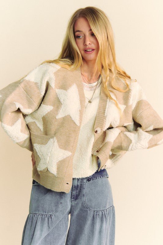 Davi & Dani - Star Pattern Button Down Fuzzy Cardigan in Oatmeal