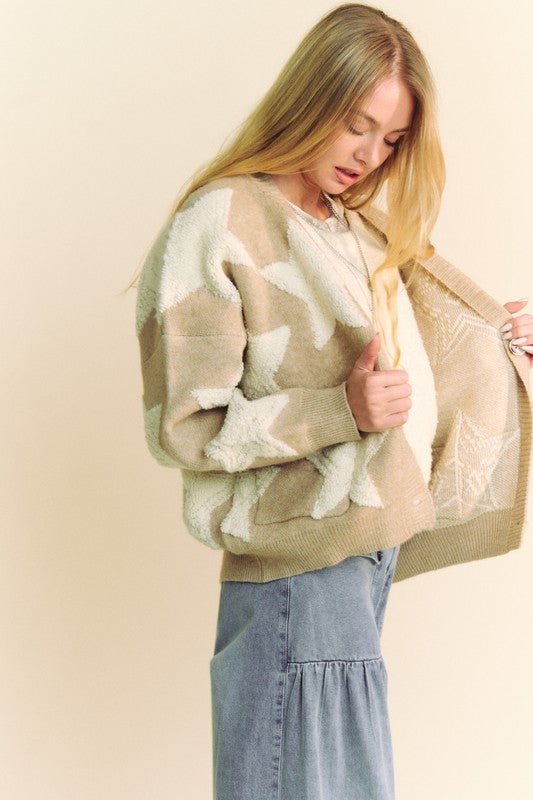 Davi & Dani - Star Pattern Button Down Fuzzy Cardigan in Oatmeal