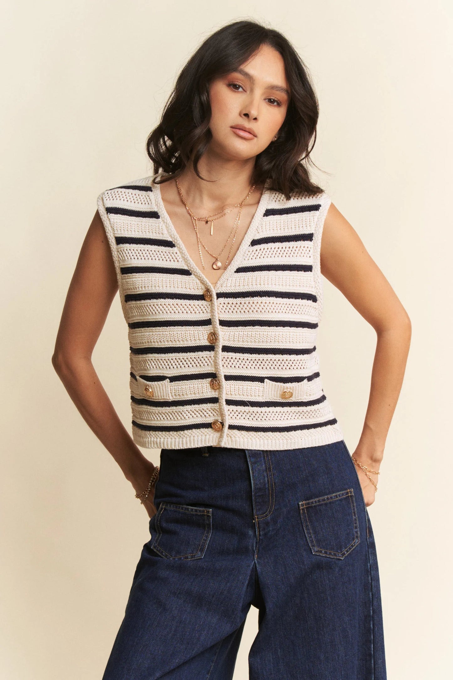 Davi & Dani - Striped Button Front Knit Vest – Ivory & Black