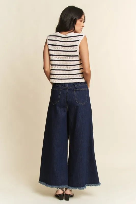 Davi & Dani - Striped Button Front Knit Vest – Ivory & Black