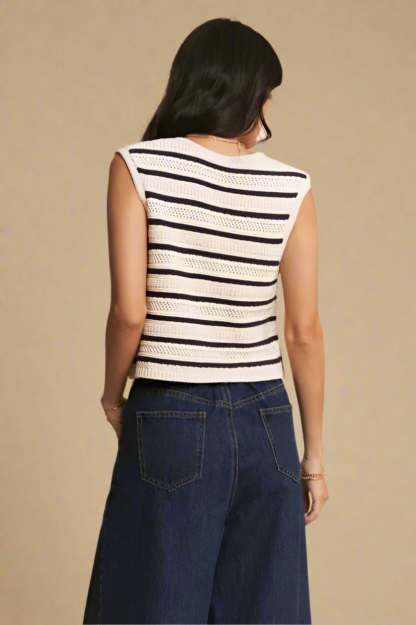 Davi & Dani - Striped Button Front Knit Vest – Ivory & Black
