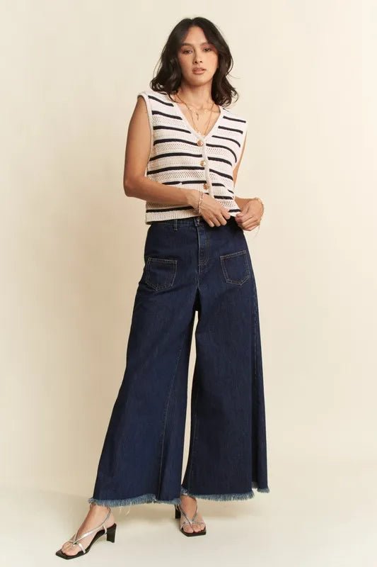 Davi & Dani - Striped Button Front Knit Vest – Ivory & Black