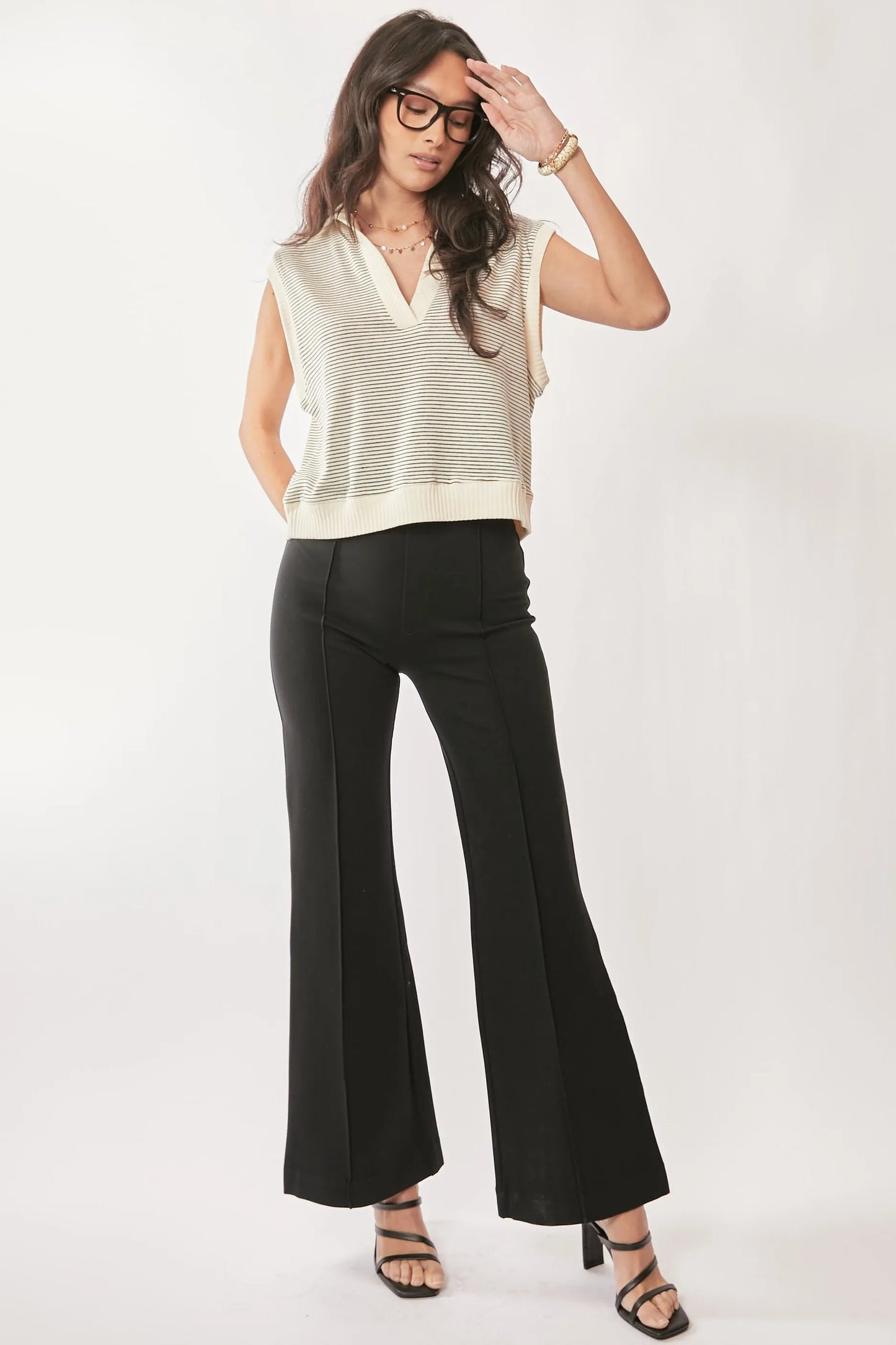 Davi & Dani - Striped Collared Knit Vest – Ivory & Black