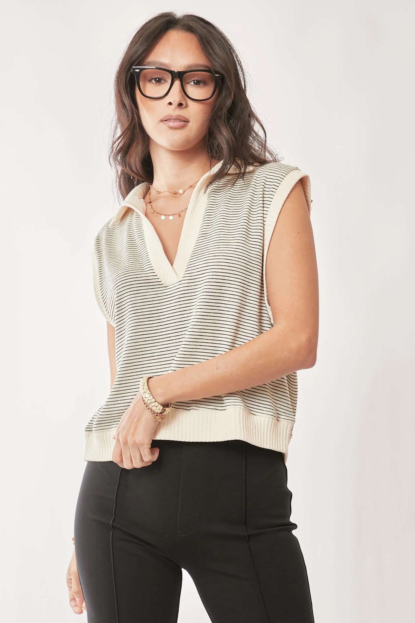 Davi & Dani - Striped Collared Knit Vest – Ivory & Black
