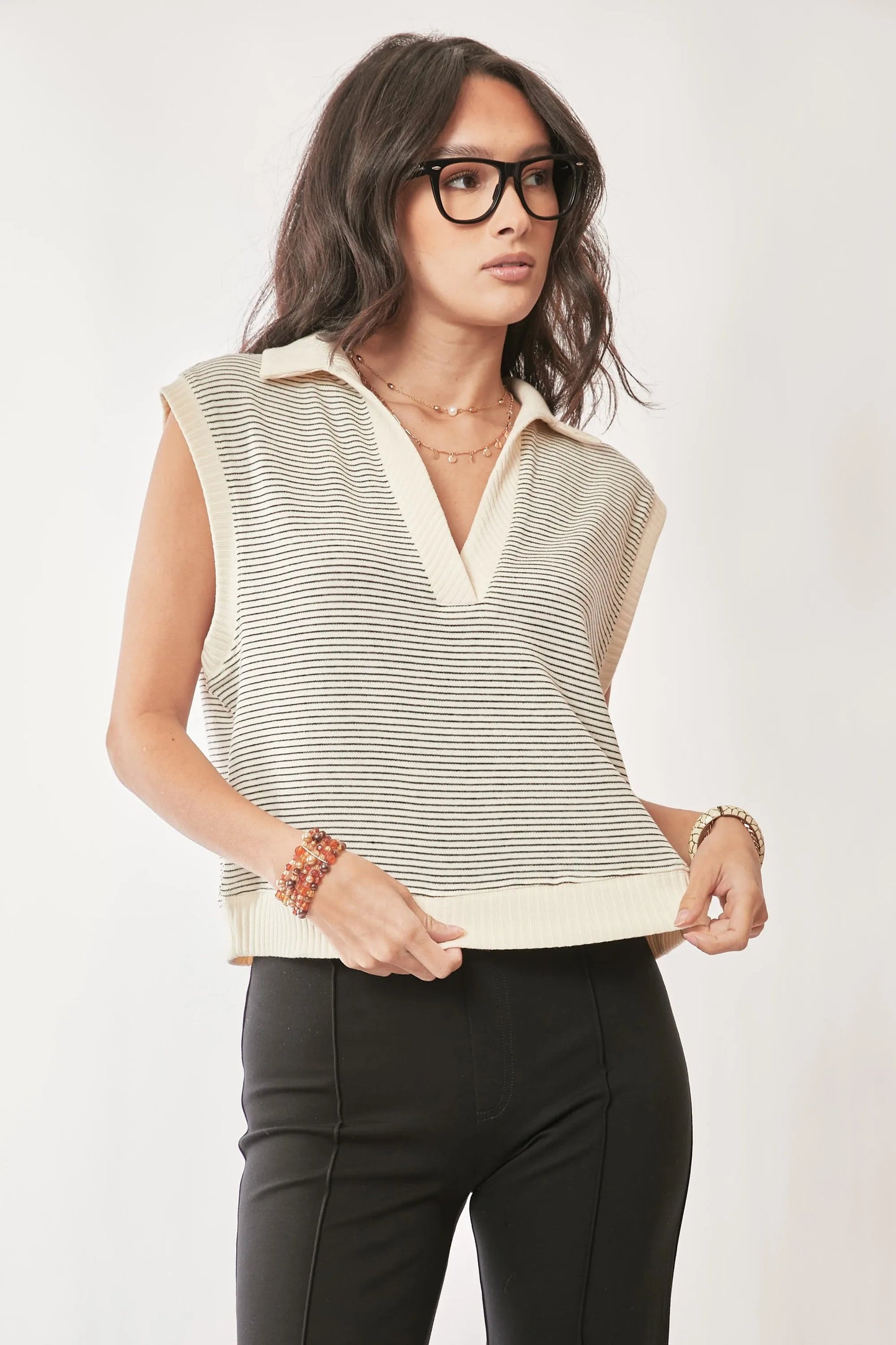 Davi & Dani - Striped Collared Knit Vest – Ivory & Black