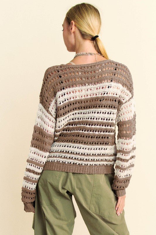 Davi & Dani - Striped Crocheted Sweater in Taupe