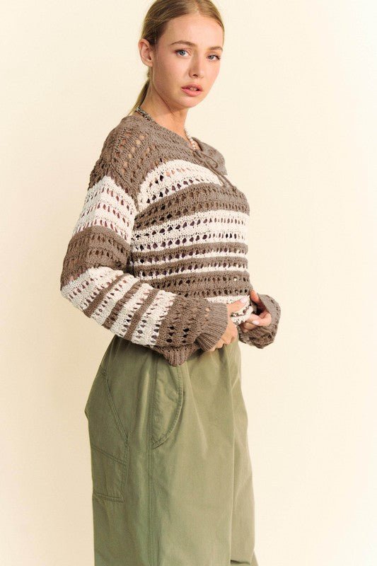 Davi & Dani - Striped Crocheted Sweater in Taupe