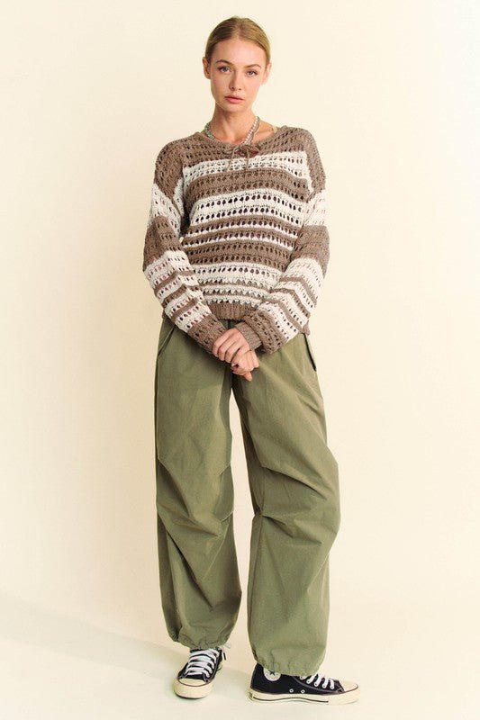 Davi & Dani - Striped Crocheted Sweater in Taupe