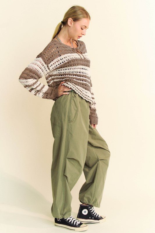 Davi & Dani - Striped Crocheted Sweater in Taupe
