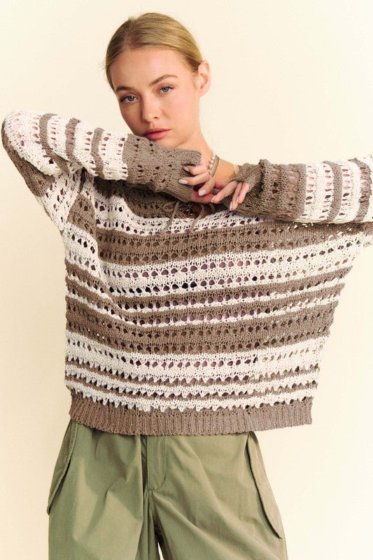 Davi & Dani - Striped Crocheted Sweater in Taupe