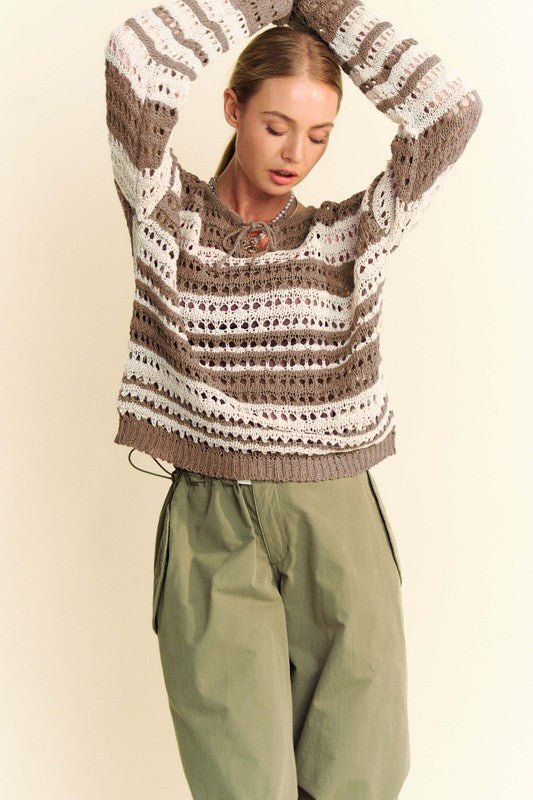 Davi & Dani - Striped Crocheted Sweater in Taupe