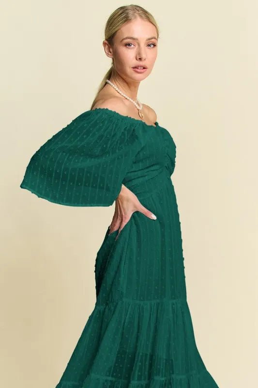 Davi & Dani - Swiss Dot Off Shoulder Maxi Dress – Deep Emerald