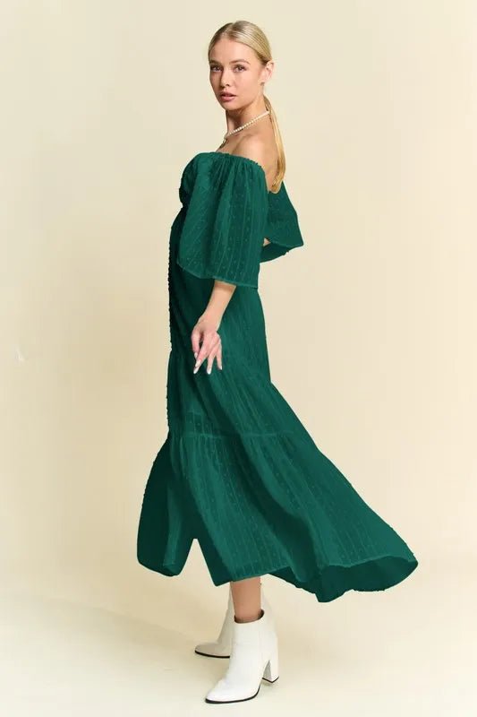 Davi & Dani - Swiss Dot Off Shoulder Maxi Dress – Deep Emerald