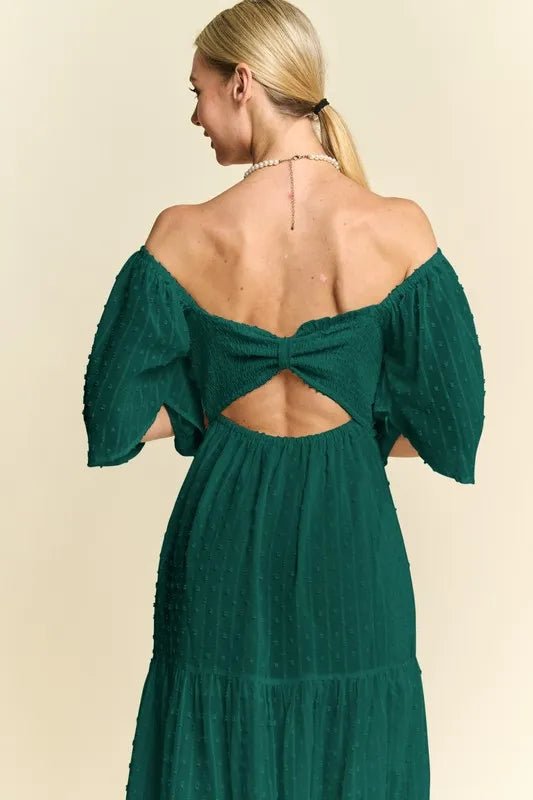Davi & Dani - Swiss Dot Off Shoulder Maxi Dress – Deep Emerald