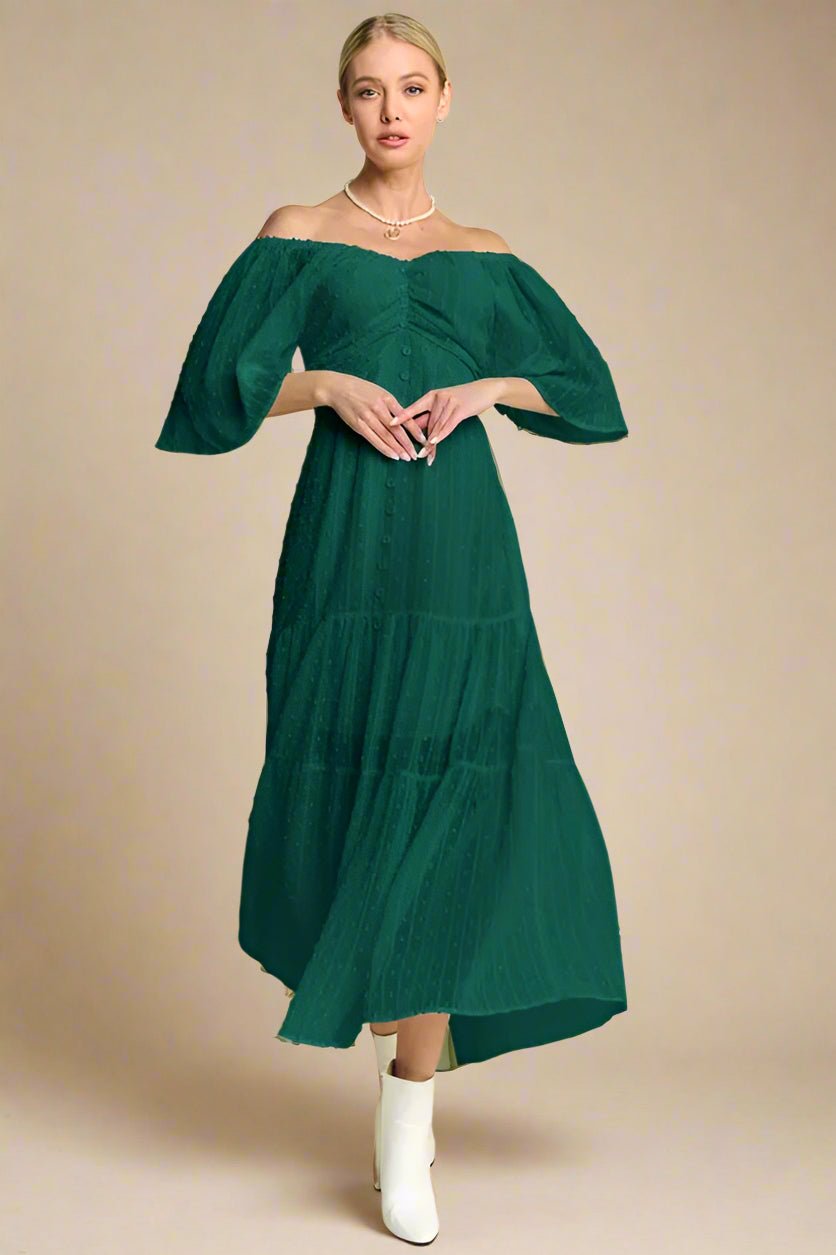 Davi & Dani - Swiss Dot Off Shoulder Maxi Dress – Deep Emerald