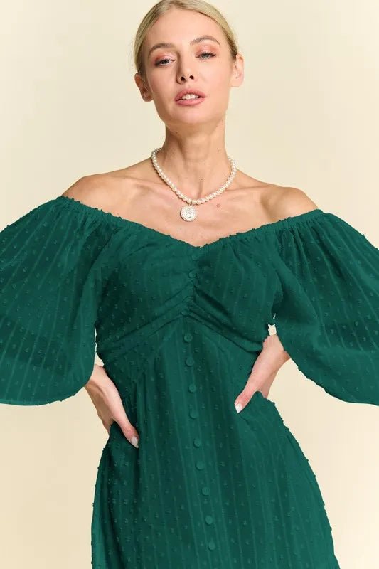 Davi & Dani - Swiss Dot Off Shoulder Maxi Dress – Deep Emerald