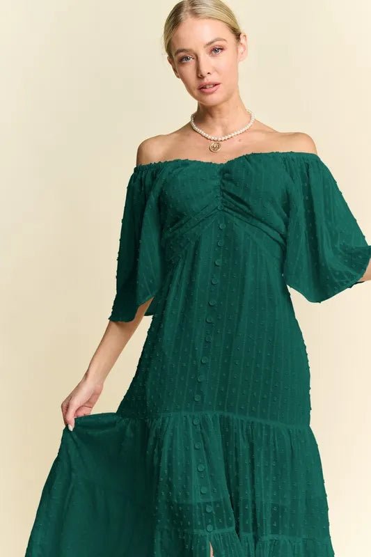 Davi & Dani - Swiss Dot Off Shoulder Maxi Dress – Deep Emerald