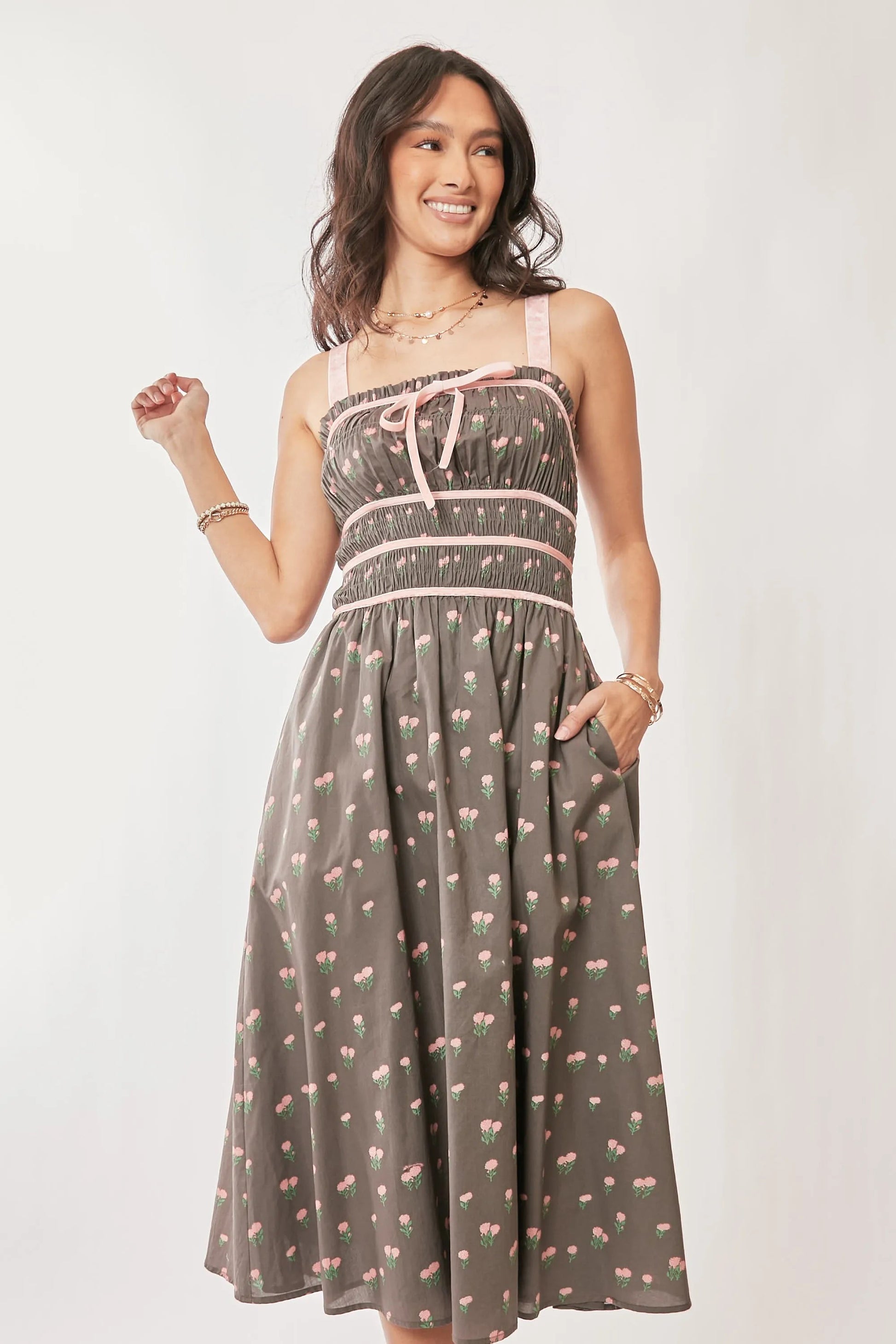 Davi & Dani - Taupe & Pink Floral Smocked Midi Dress with Pockets