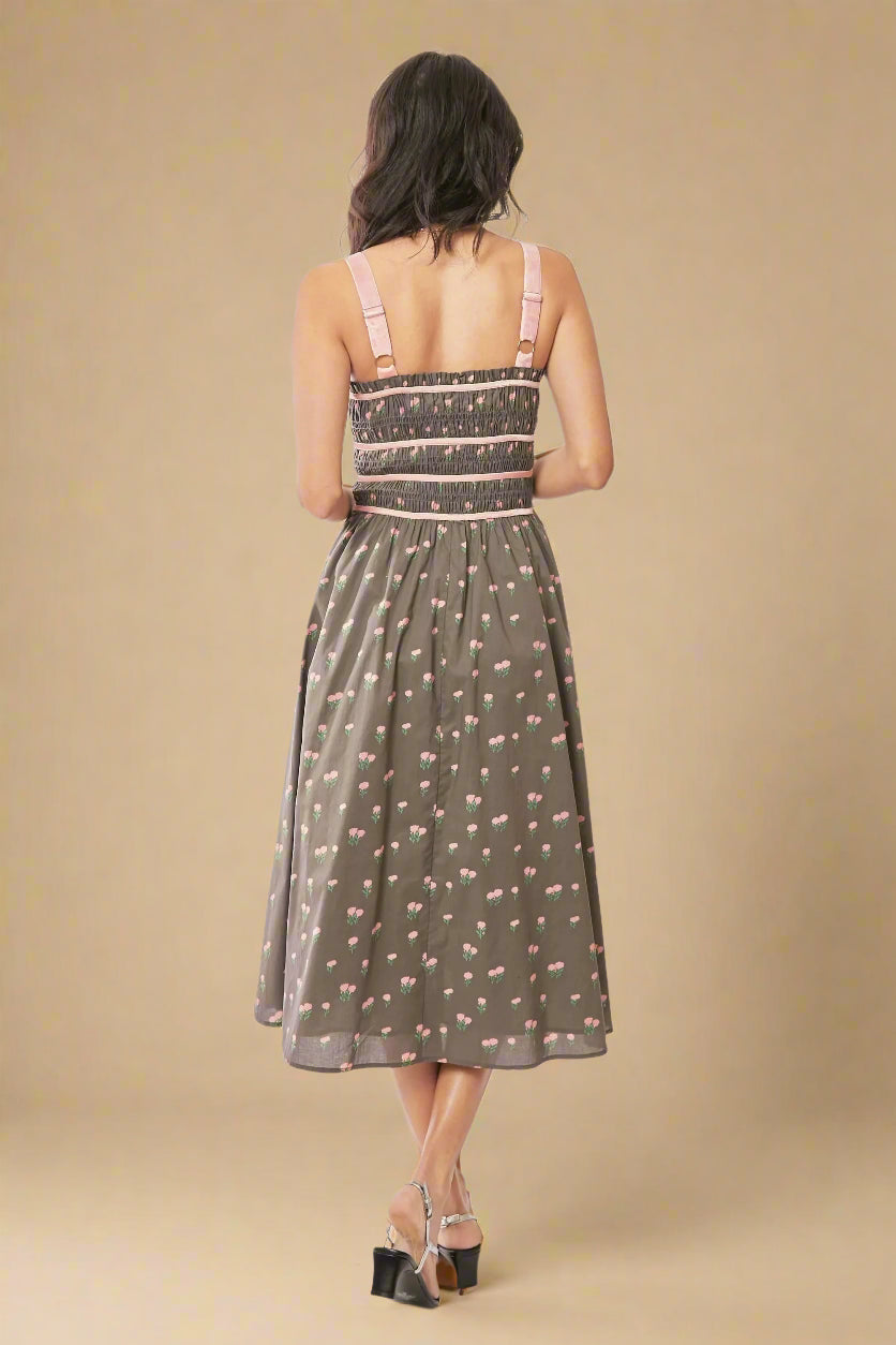 Davi & Dani - Taupe & Pink Floral Smocked Midi Dress with Pockets